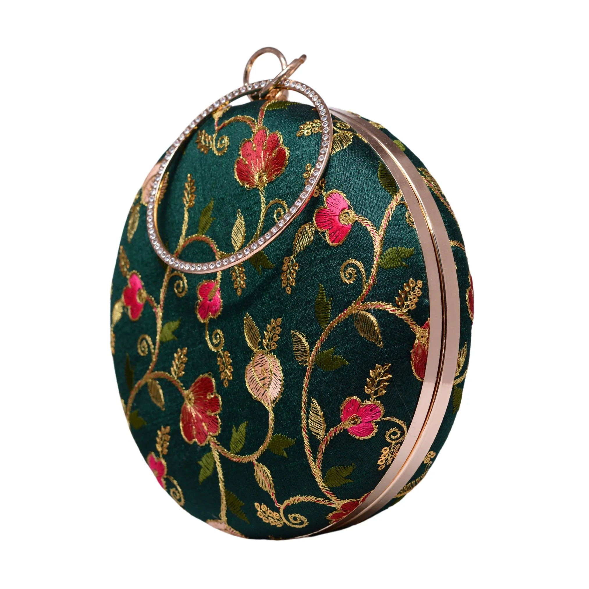 Green Floral Thread Embroidery Fabric Clutch