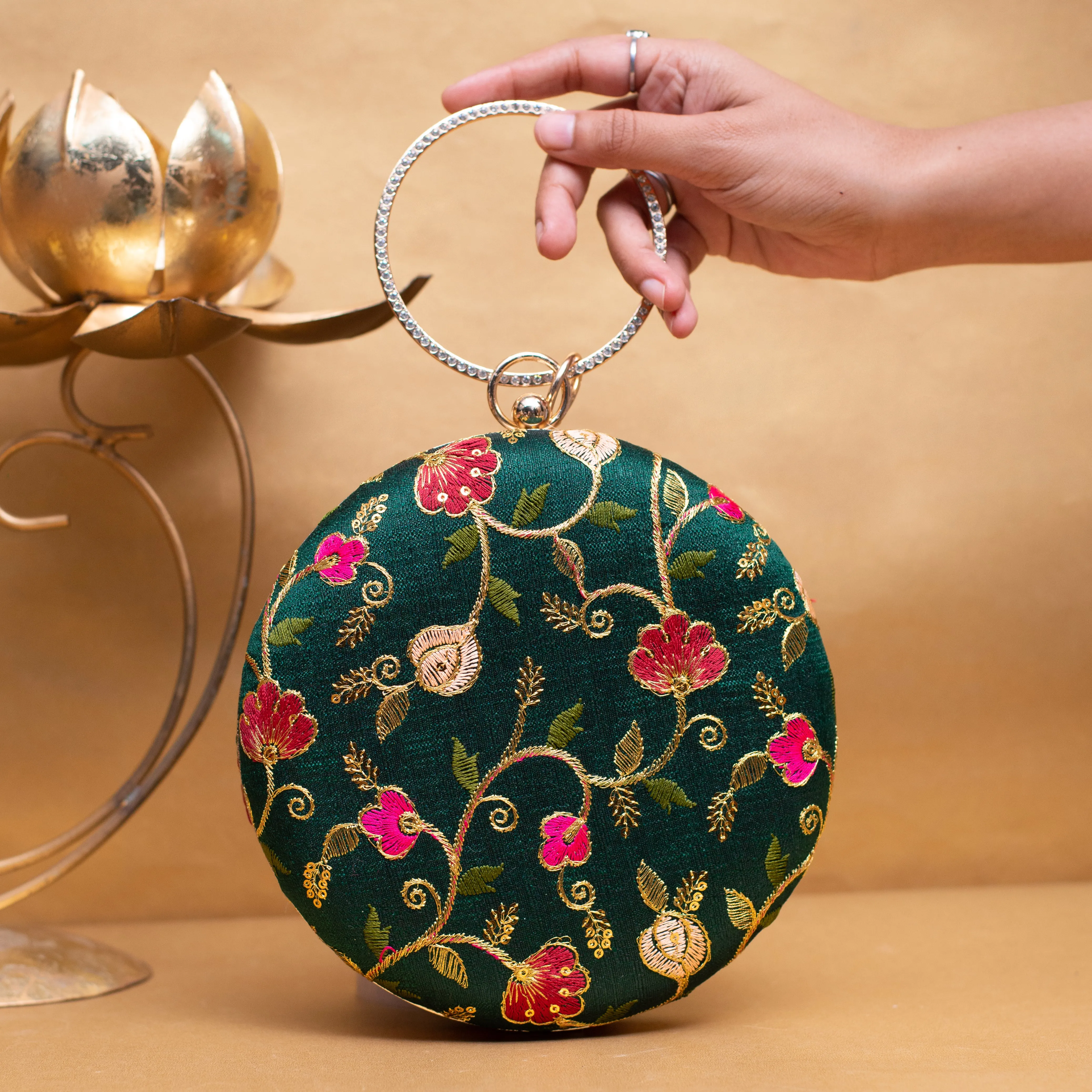 Green Floral Thread Embroidery Fabric Clutch