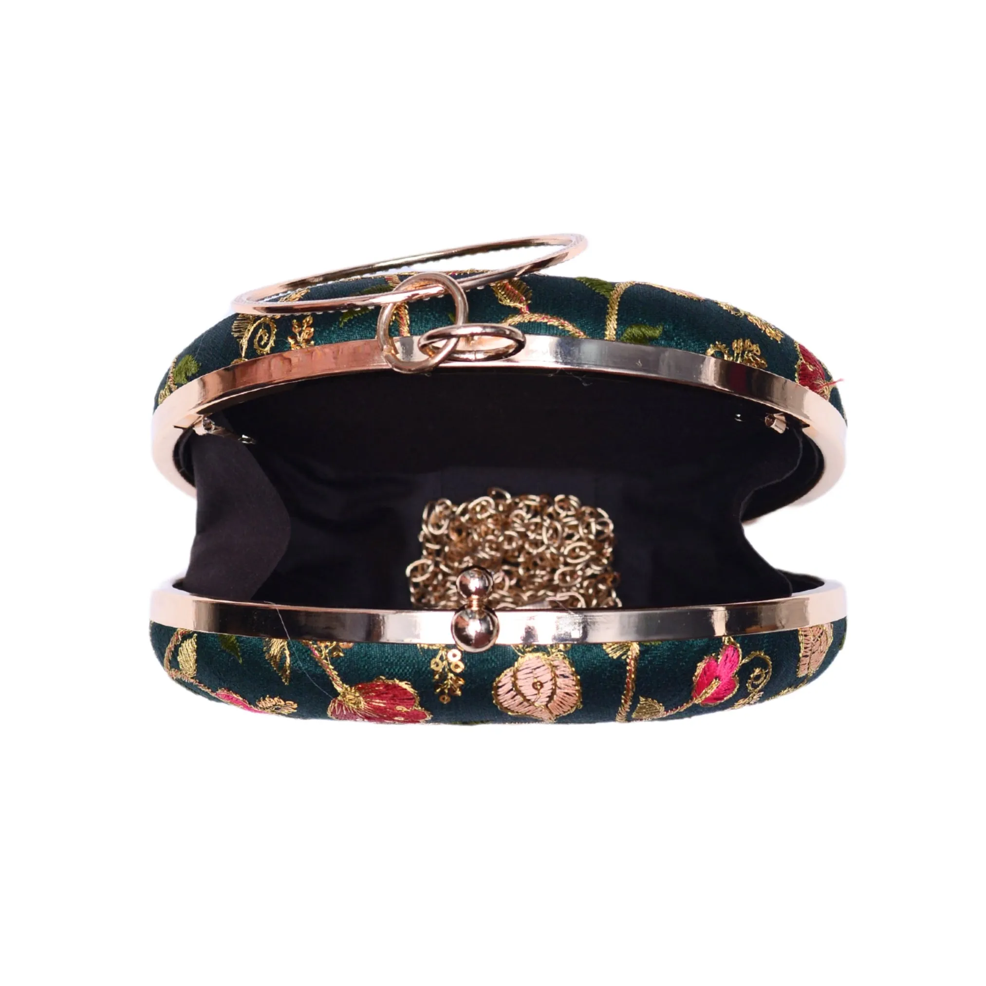 Green Floral Thread Embroidery Fabric Clutch