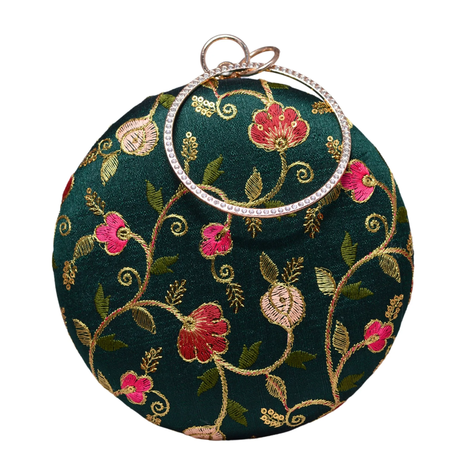 Green Floral Thread Embroidery Fabric Clutch