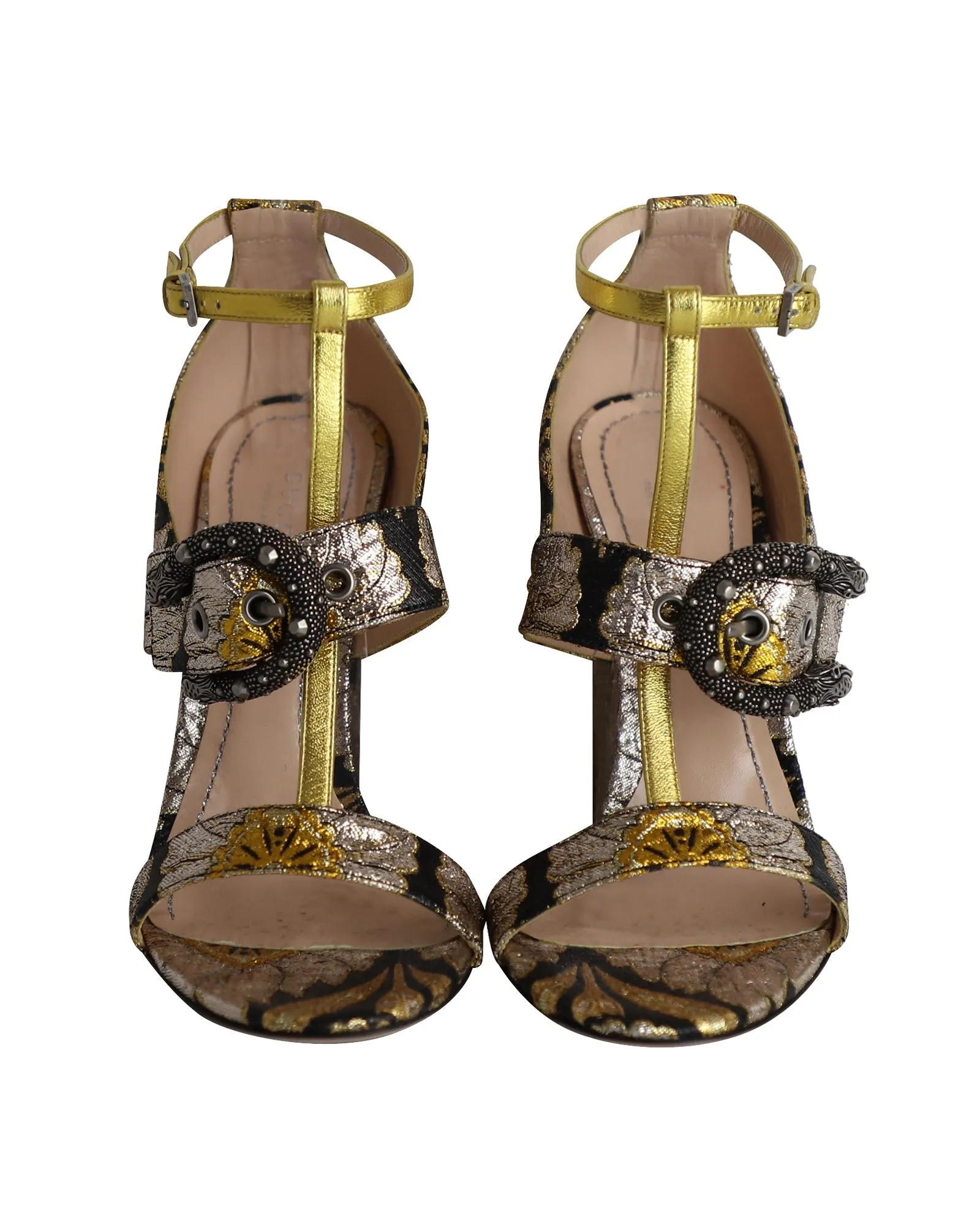 Gucci Dionysus Buckle Metallic Floral Brocade Sandals in Multicolor Silk