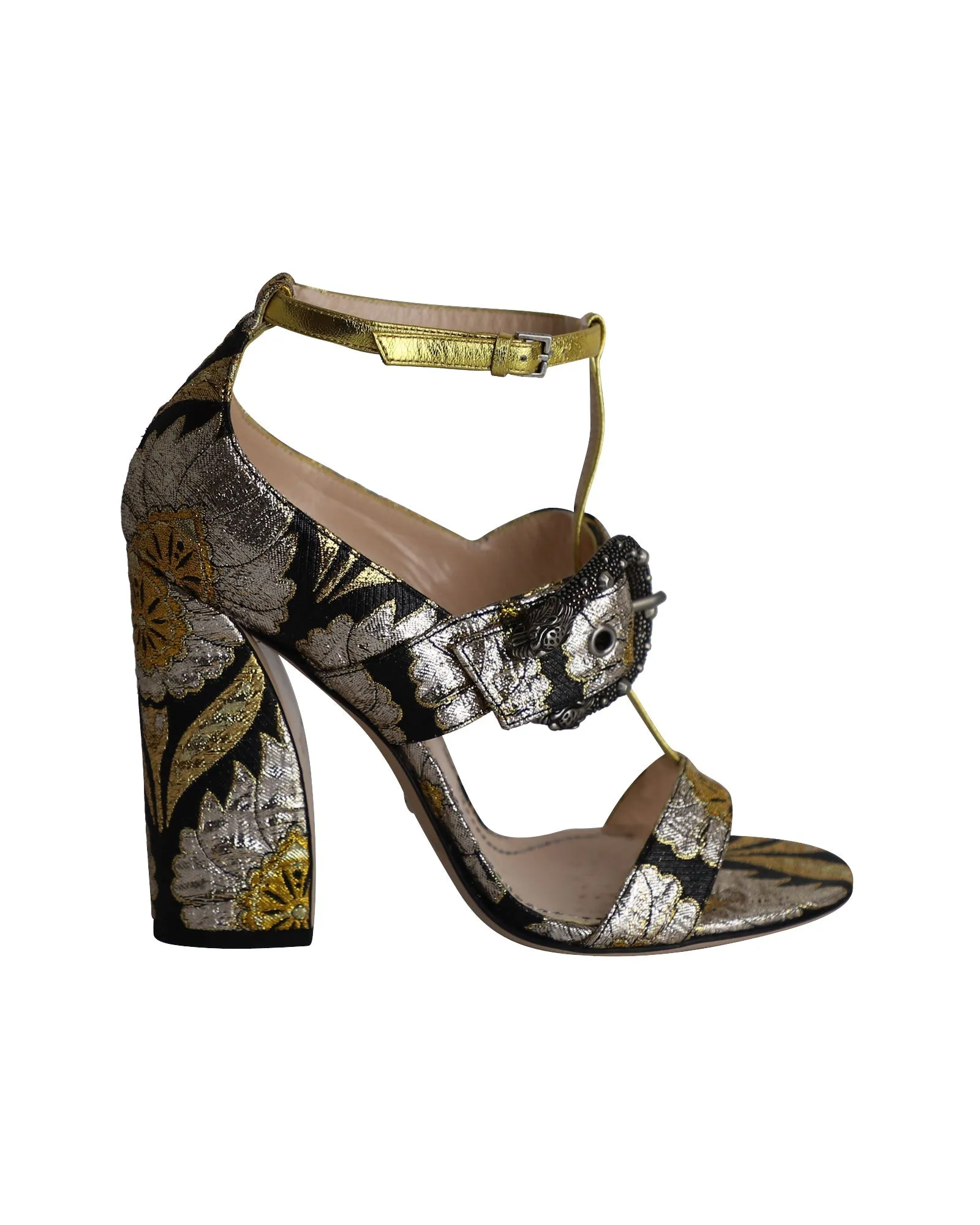 Gucci Dionysus Buckle Metallic Floral Brocade Sandals in Multicolor Silk