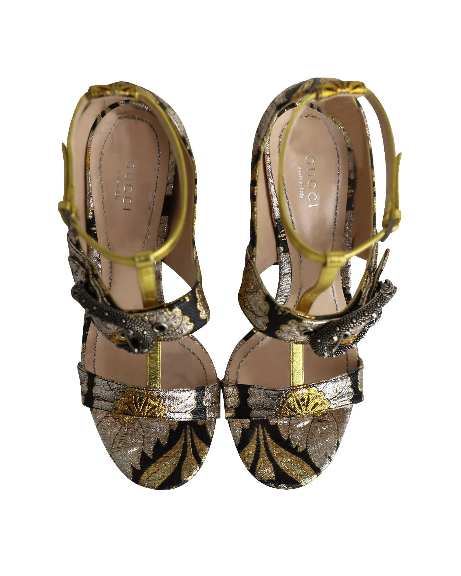 Gucci Dionysus Buckle Metallic Floral Brocade Sandals in Multicolor Silk