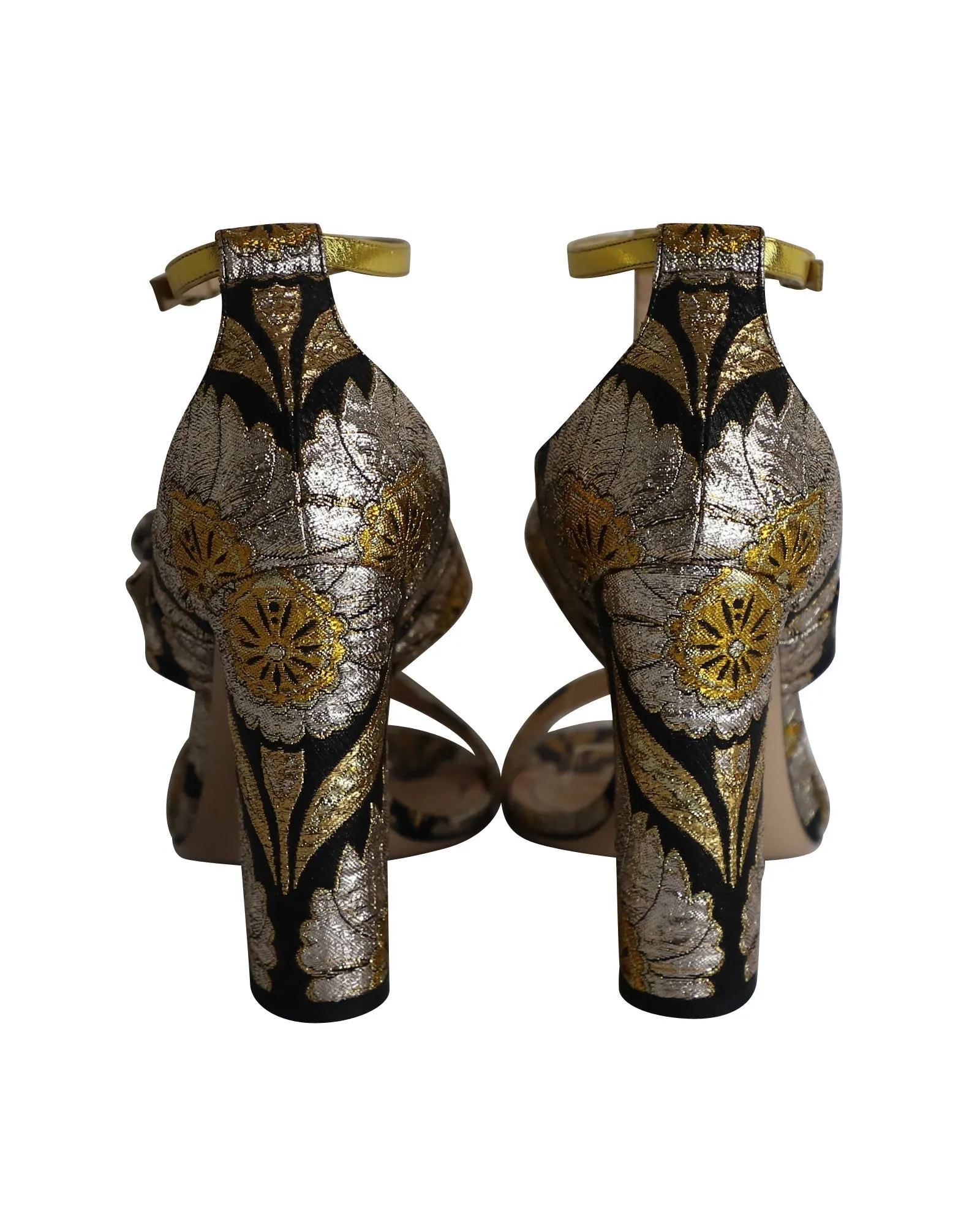 Gucci Dionysus Buckle Metallic Floral Brocade Sandals in Multicolor Silk