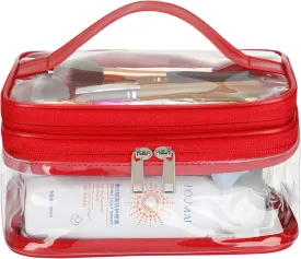 HAOGUAGUA Double Layer Clear Cosmetic Bag Makeup Bag, Waterproof Travel Toiletry Bag, Transparent PVC Pouch Organizer (Red)