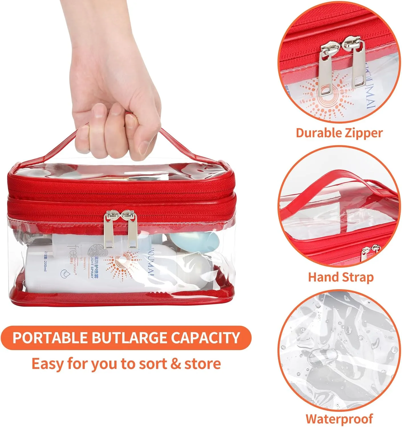 HAOGUAGUA Double Layer Clear Cosmetic Bag Makeup Bag, Waterproof Travel Toiletry Bag, Transparent PVC Pouch Organizer (Red)