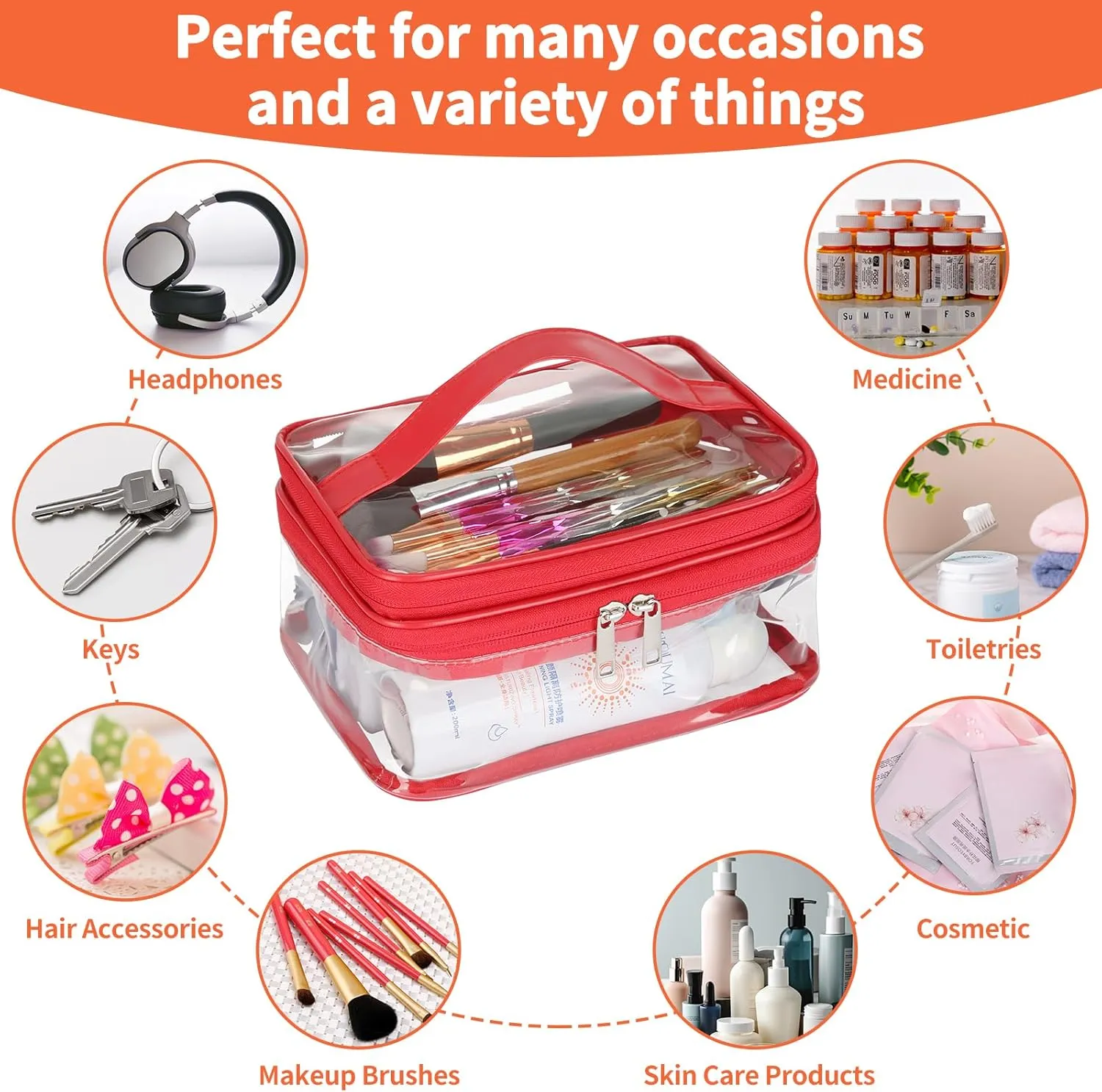 HAOGUAGUA Double Layer Clear Cosmetic Bag Makeup Bag, Waterproof Travel Toiletry Bag, Transparent PVC Pouch Organizer (Red)
