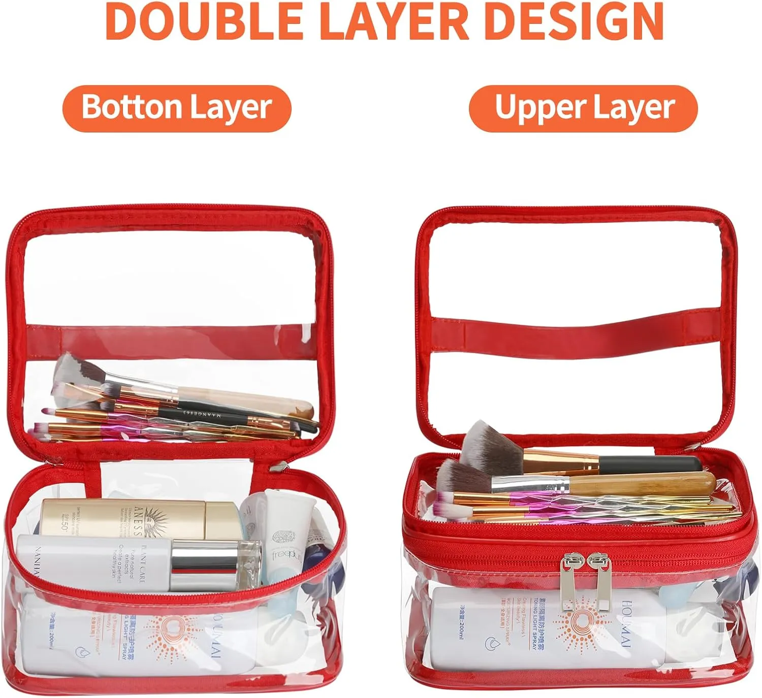 HAOGUAGUA Double Layer Clear Cosmetic Bag Makeup Bag, Waterproof Travel Toiletry Bag, Transparent PVC Pouch Organizer (Red)