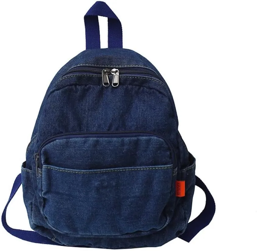 JHTPSLR Small Denim Backpack for Women - Vintage Aesthetic Mini Canvas Daypack (Dark Blue)