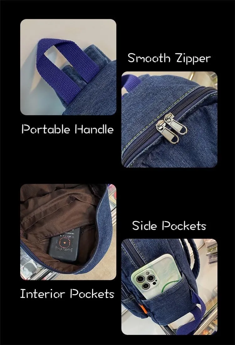 JHTPSLR Small Denim Backpack for Women - Vintage Aesthetic Mini Canvas Daypack (Dark Blue)