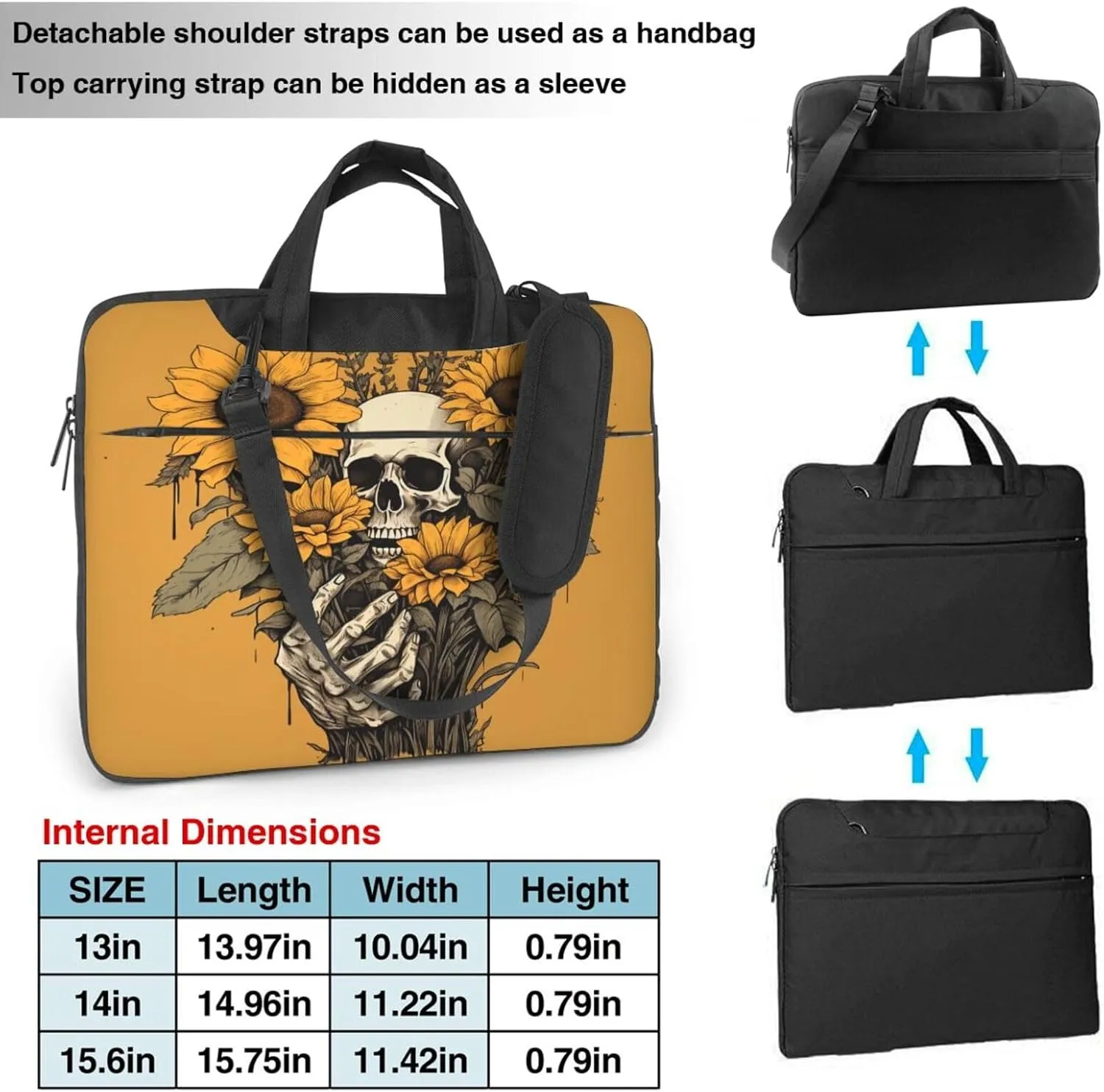 Laptop Case Bag Sunflower Skull Floral Skeleton Briefcase Messenger Notebook Carrying Bag Case Sleeve For Women Men