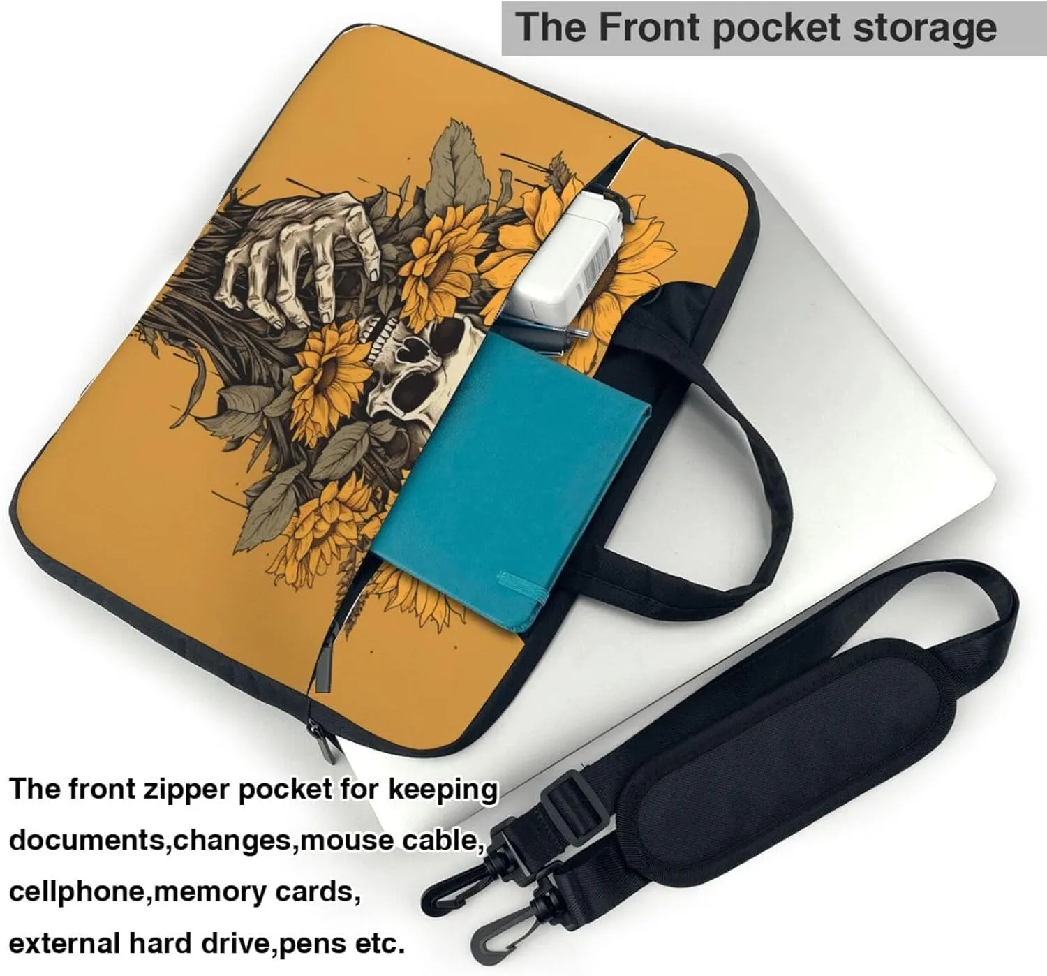 Laptop Case Bag Sunflower Skull Floral Skeleton Briefcase Messenger Notebook Carrying Bag Case Sleeve For Women Men