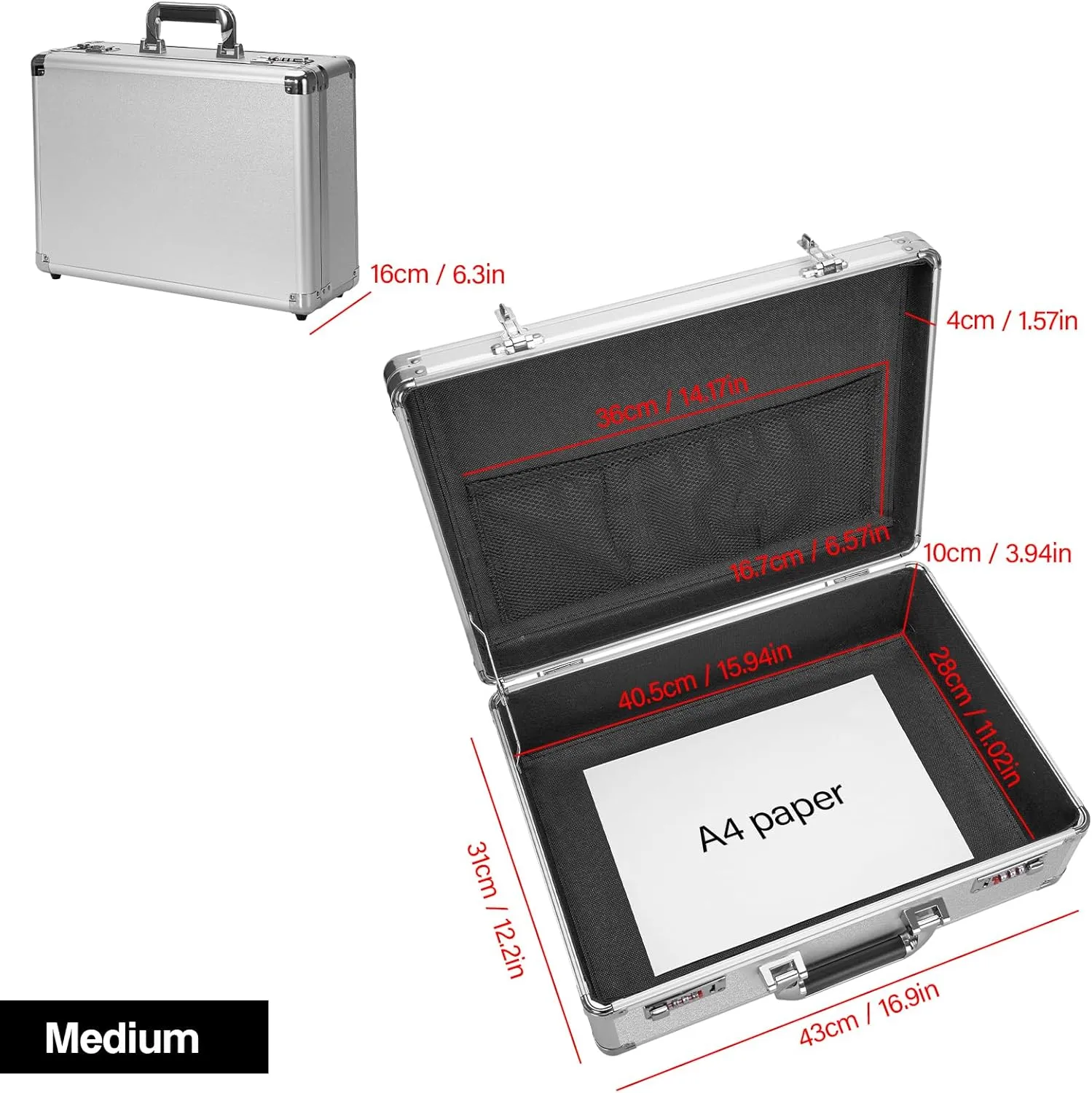 Locking Briefcase - Lockable Attache Case for Laptop & Documents, Dual Combination Locks, 16.9 x12.2 x6.3 Business Aluminum Frame Hard Case for Professionals, Businessmen, Lawyers - Silver