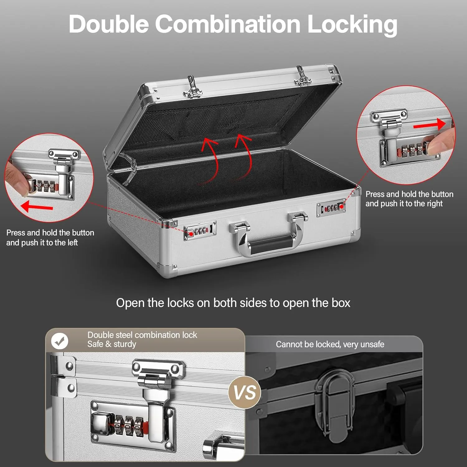 Locking Briefcase - Lockable Attache Case for Laptop & Documents, Dual Combination Locks, 16.9 x12.2 x6.3 Business Aluminum Frame Hard Case for Professionals, Businessmen, Lawyers - Silver