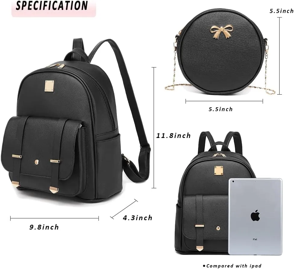 MACCINELO Cute Leather Mini Backpack Purse for Women Bowknot Small Backpack for Girls gift Rucksack Ladies Shoulder Bag 3pcs