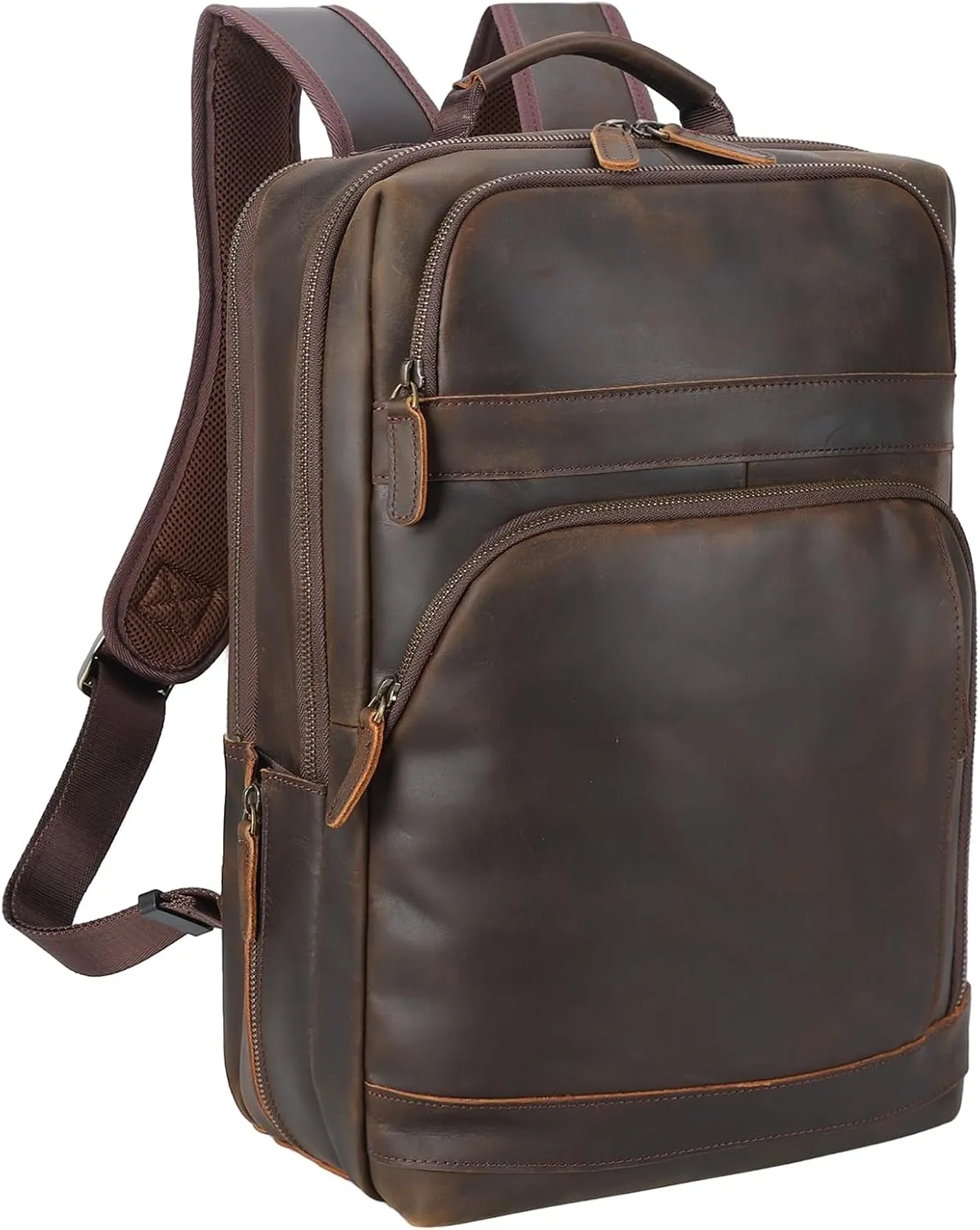 Masa Kawa Brown Leather Laptop Backpack for Men Fits 16 15.6 Computer, Vintage Business Travel Work Large Daypack Weekender Bag Camping Rucksack