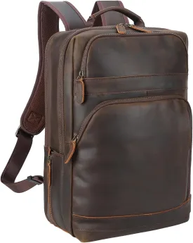 Masa Kawa Brown Leather Laptop Backpack for Men Fits 16 15.6 Computer, Vintage Business Travel Work Large Daypack Weekender Bag Camping Rucksack