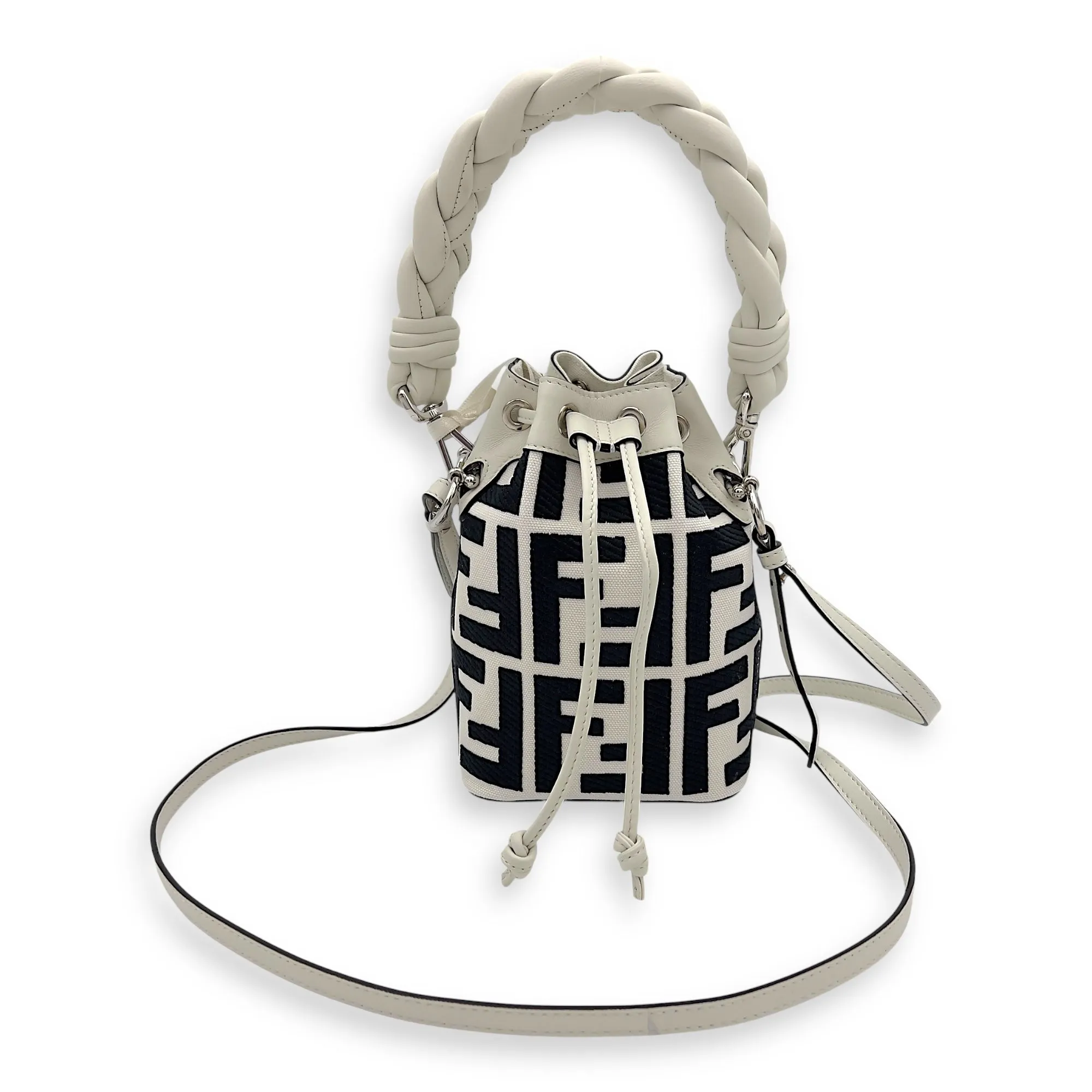 Mon Tresor Mini White Bucket Bag in Canvas, Silver hardware