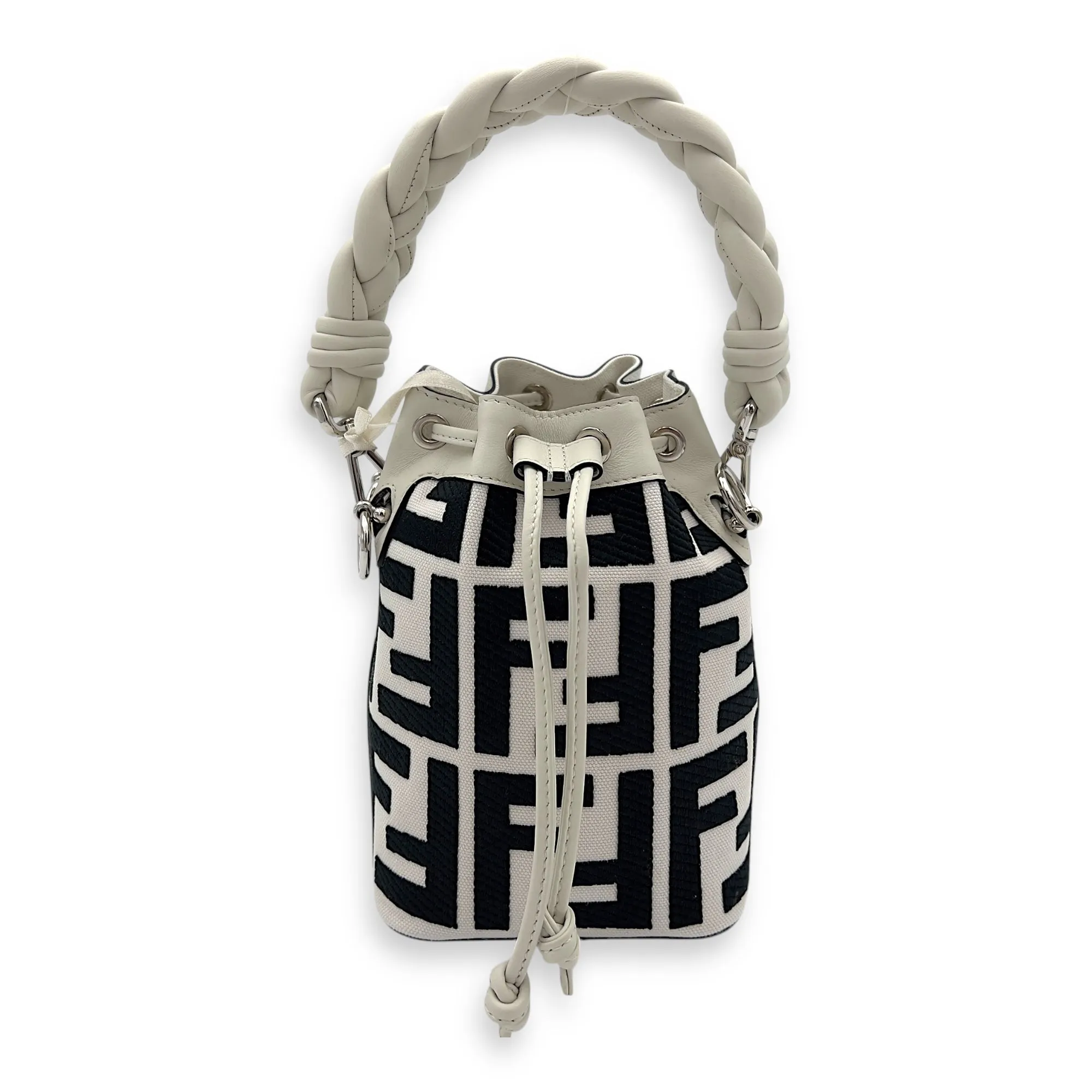 Mon Tresor Mini White Bucket Bag in Canvas, Silver hardware