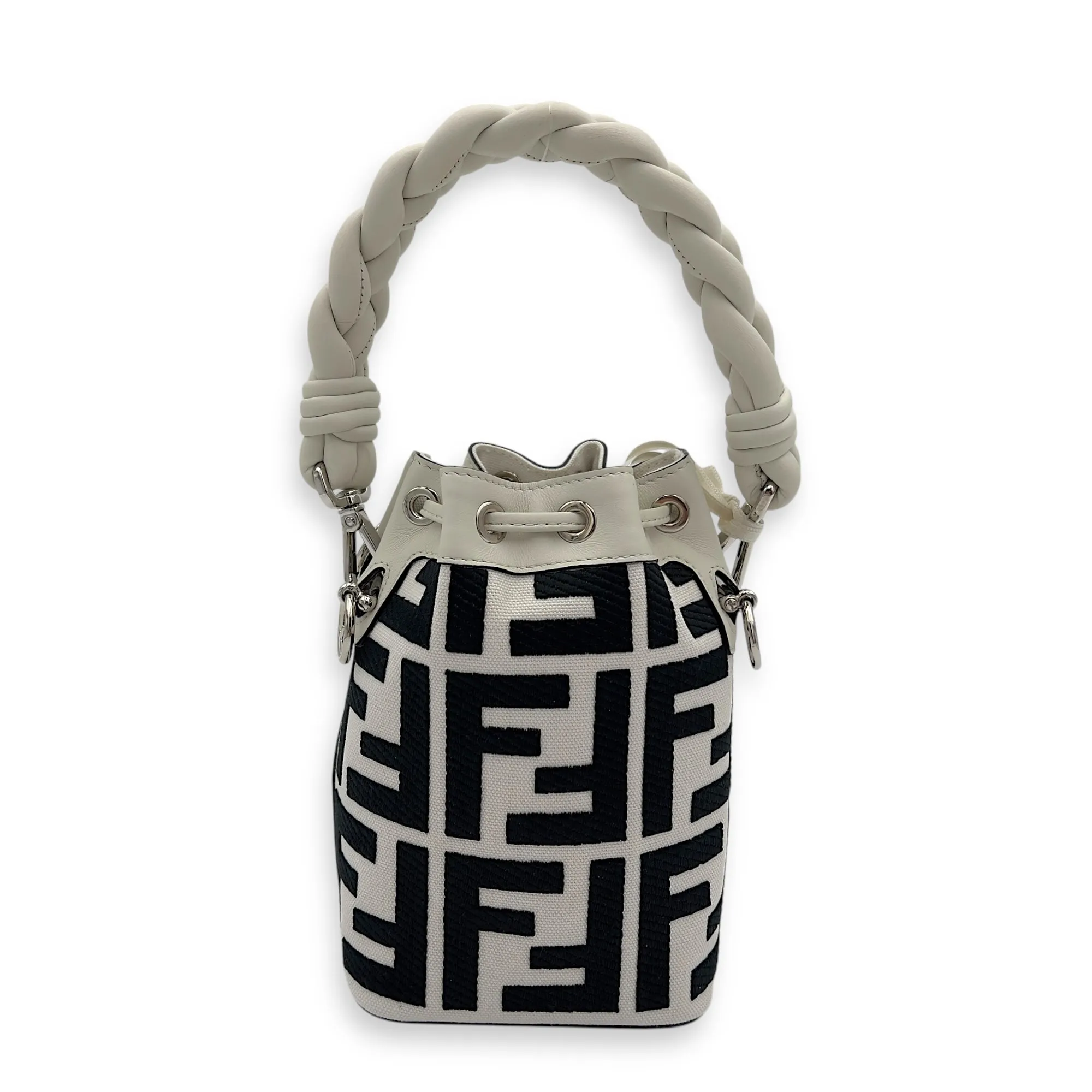 Mon Tresor Mini White Bucket Bag in Canvas, Silver hardware