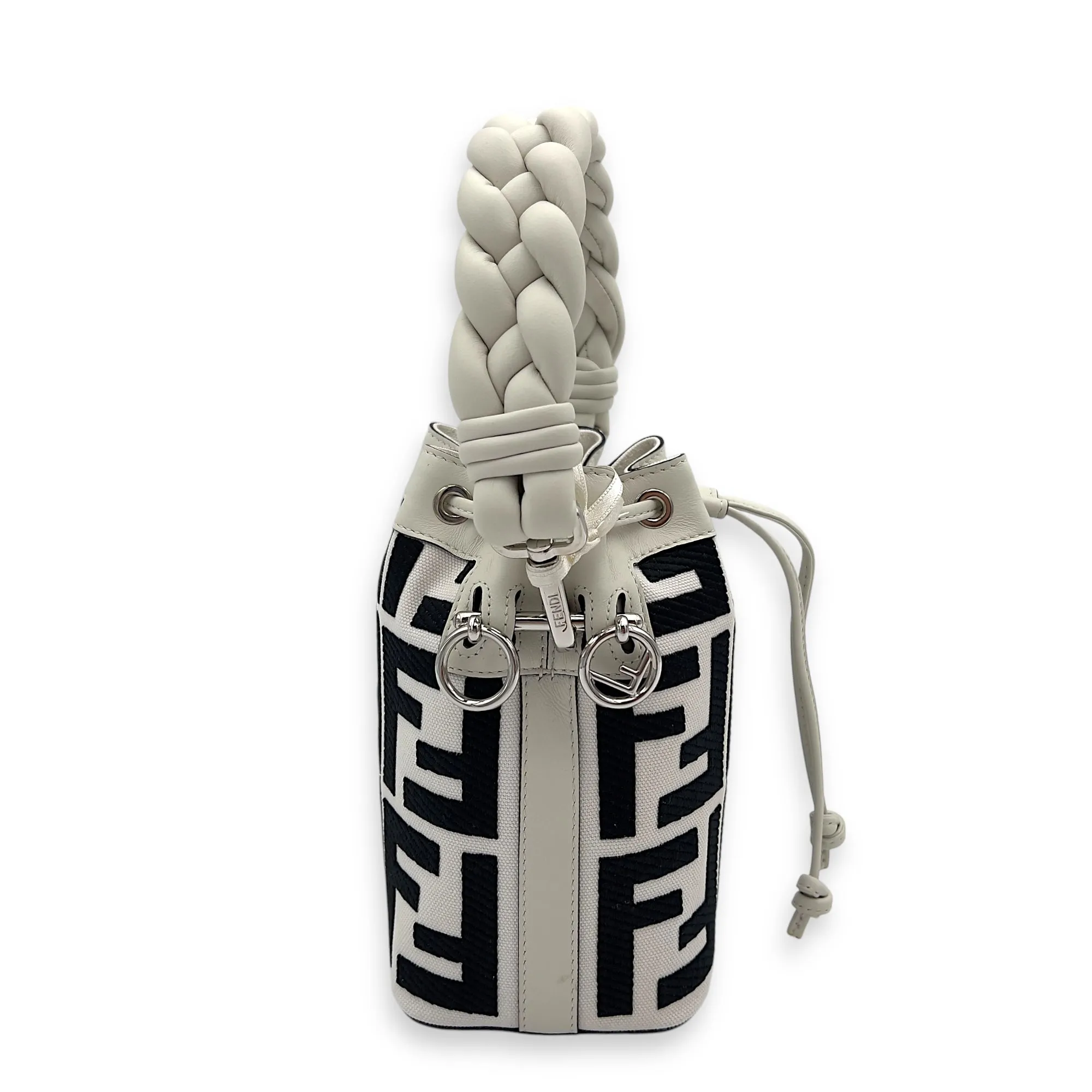 Mon Tresor Mini White Bucket Bag in Canvas, Silver hardware