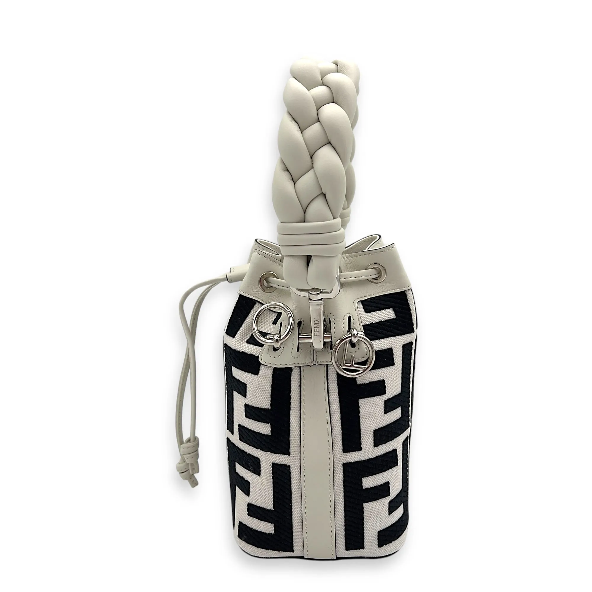 Mon Tresor Mini White Bucket Bag in Canvas, Silver hardware
