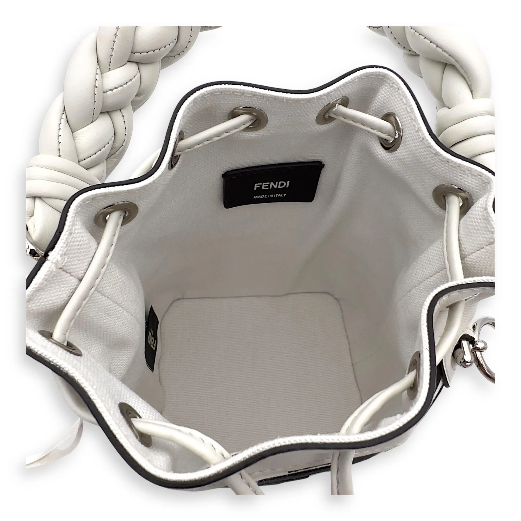 Mon Tresor Mini White Bucket Bag in Canvas, Silver hardware