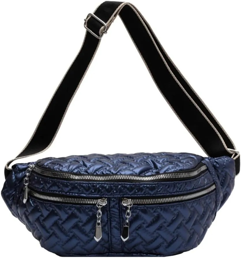 Multi Zippers Fanny Pack for Women Fashion Leather Crossbody Waist Bag with Wide Strap Sling Belt Bum Bag for Hiking (Silver), Blue