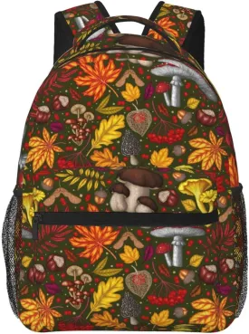 Mushrooms Autumn Maple Leaf Chestnut Mountain Ash Chanterelles Backpack Casual Pack Bag Laptop Backpack With Side Pocket Front Zipper Pocket Bookpack Travel Daypack Picnic Rucksack