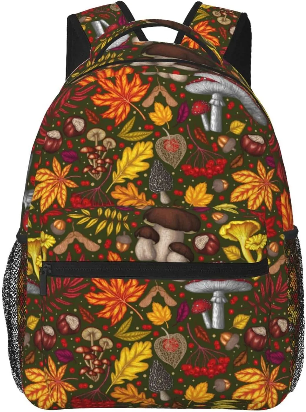 Mushrooms Autumn Maple Leaf Chestnut Mountain Ash Chanterelles Backpack Casual Pack Bag Laptop Backpack With Side Pocket Front Zipper Pocket Bookpack Travel Daypack Picnic Rucksack