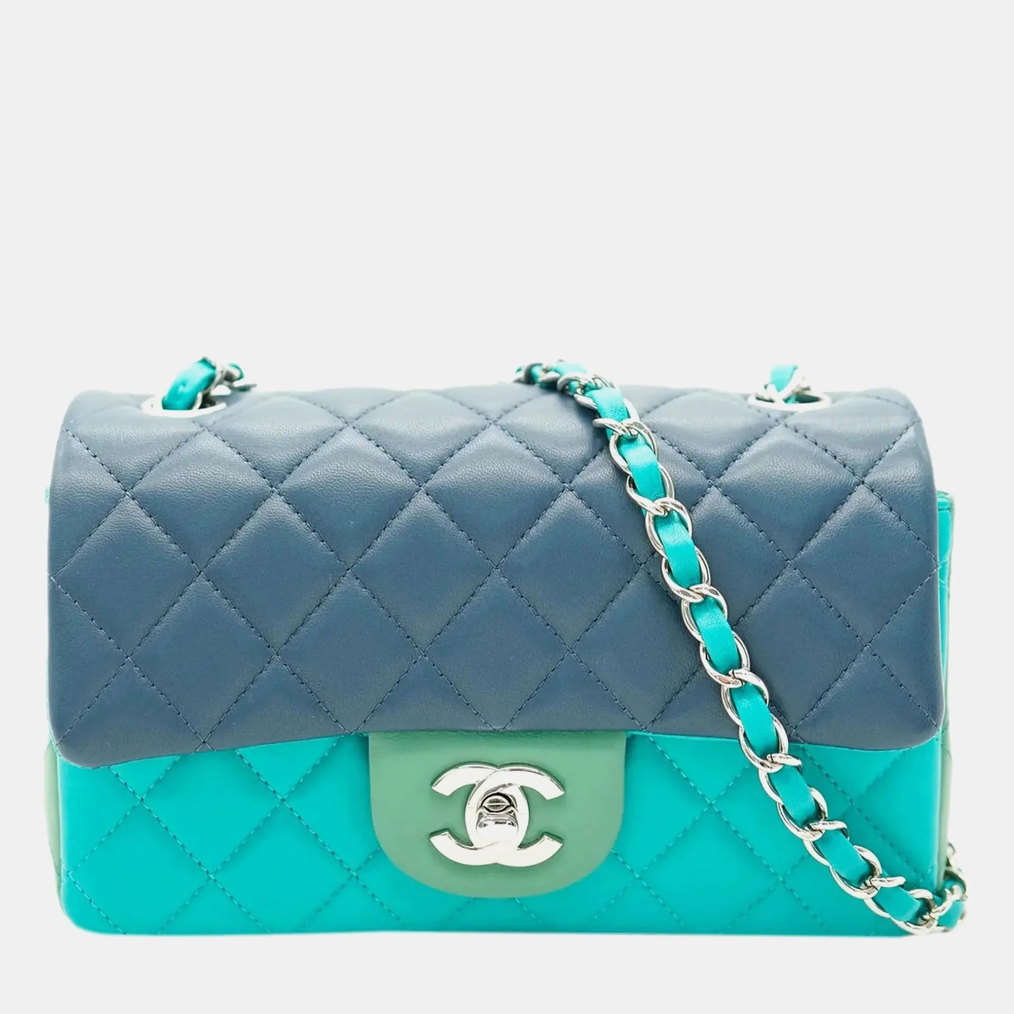 Navy Blue/Green Leather Mini Rectangular Flap Shoulder Bag