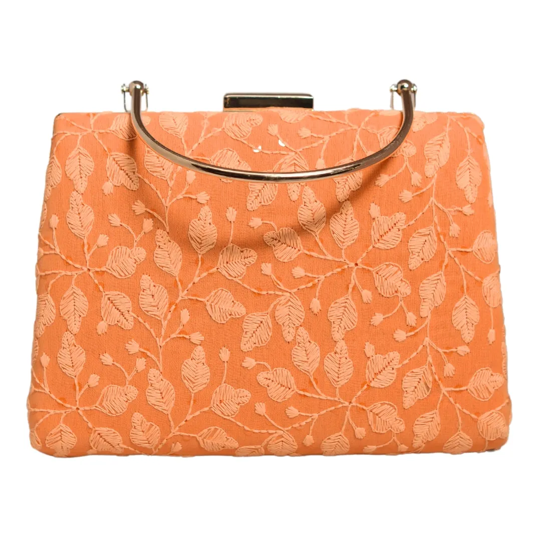 Orange Chikankari Embroidery Clutch
