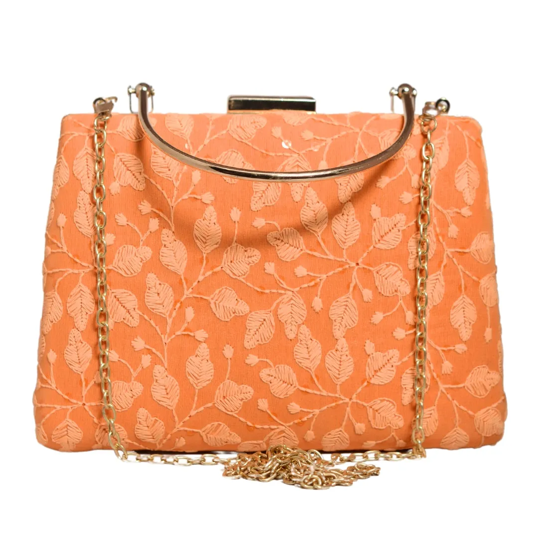 Orange Chikankari Embroidery Clutch