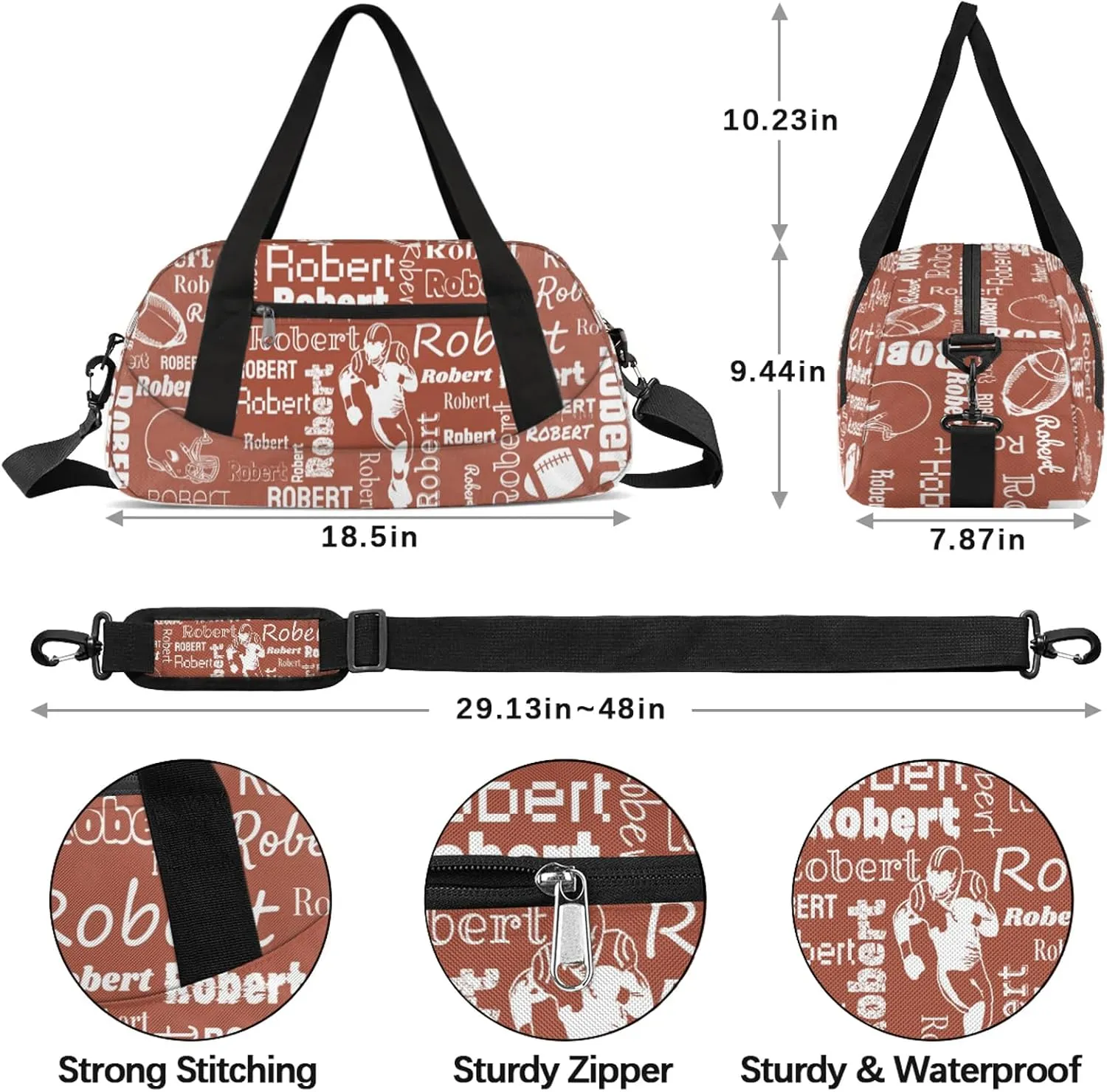 Personalized Football Sport Duffel Bag Custom Sports Bag Travel Overnight Shoulder Bags Customized Rugby Gifts for Women Men, Brown