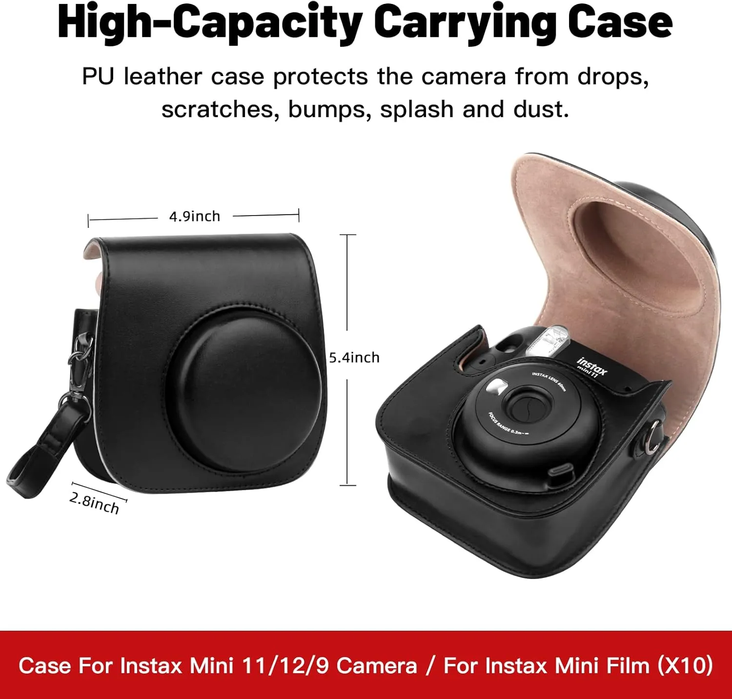 Protective Case for Fujifilm Instax Mini 11 12 9 Instant Camera, Premium PU Leather Bag Cover with Removable Strap, Camera Case with Mini Photo Album, The Album for Fujifilm Instax CamreaBlack