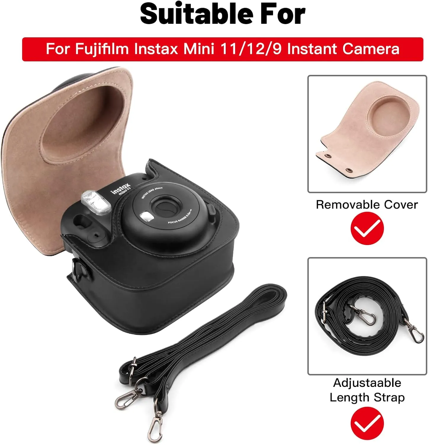 Protective Case for Fujifilm Instax Mini 11 12 9 Instant Camera, Premium PU Leather Bag Cover with Removable Strap, Camera Case with Mini Photo Album, The Album for Fujifilm Instax CamreaBlack