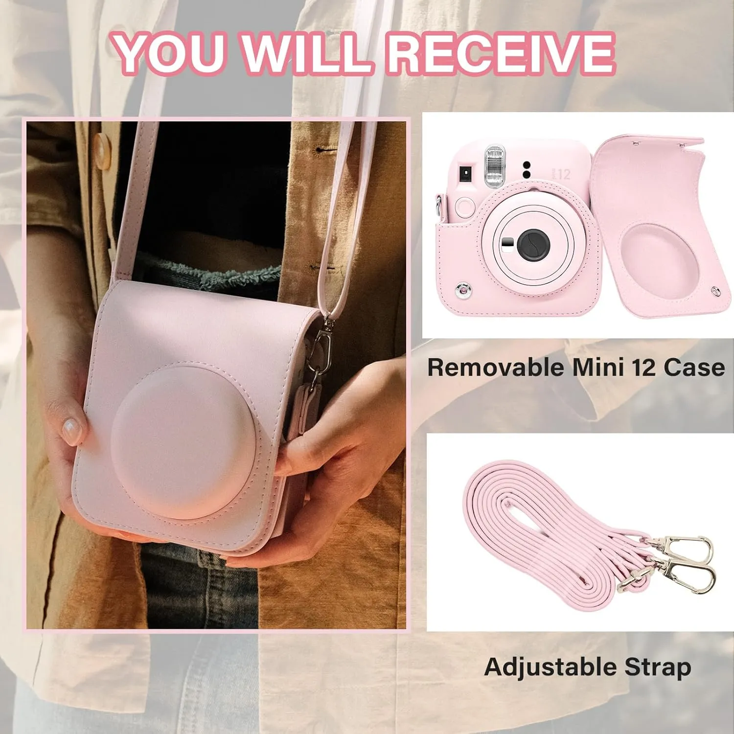Rieibi Camera Case Compatible with Fuji Instax Mini 12 -MINI 12 Carry Case for Fujifilm Instax Mini 12 Instant Camera - Fuji mini 12 Bag Cover with Strap - Blossom Pink