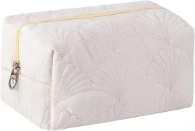 Small Quilted Cotton Coquette Makeup bag, White Coastal Granddaughter Aesthetic Cosmetic Bag, Cute Seashell Portable Travel Toiletry Pouch (07Small White)