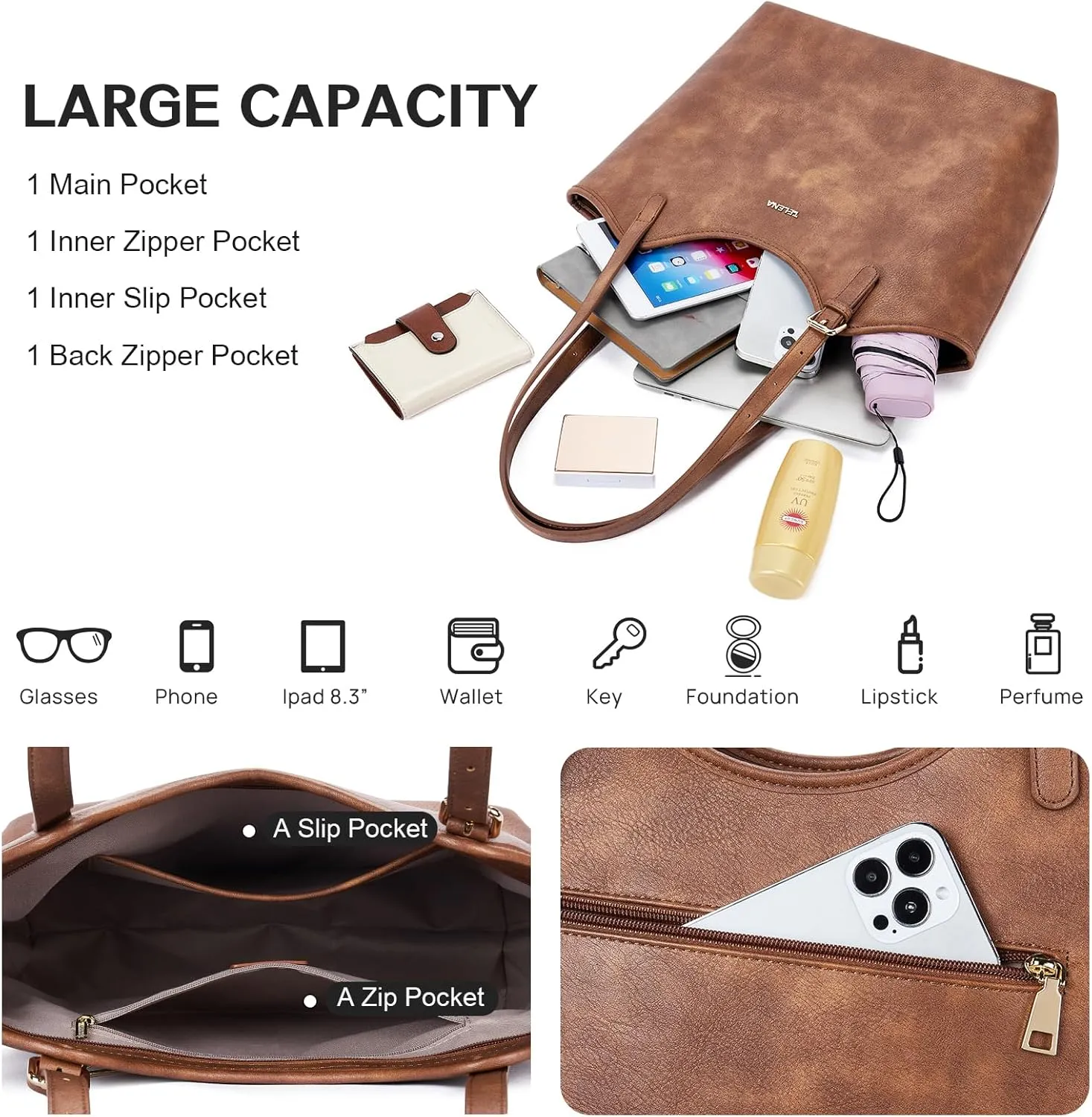 Telena Leather Tote Bag for Women Waterproof Woven Womens Tote Purse and Handbags for Work Travel Shopping