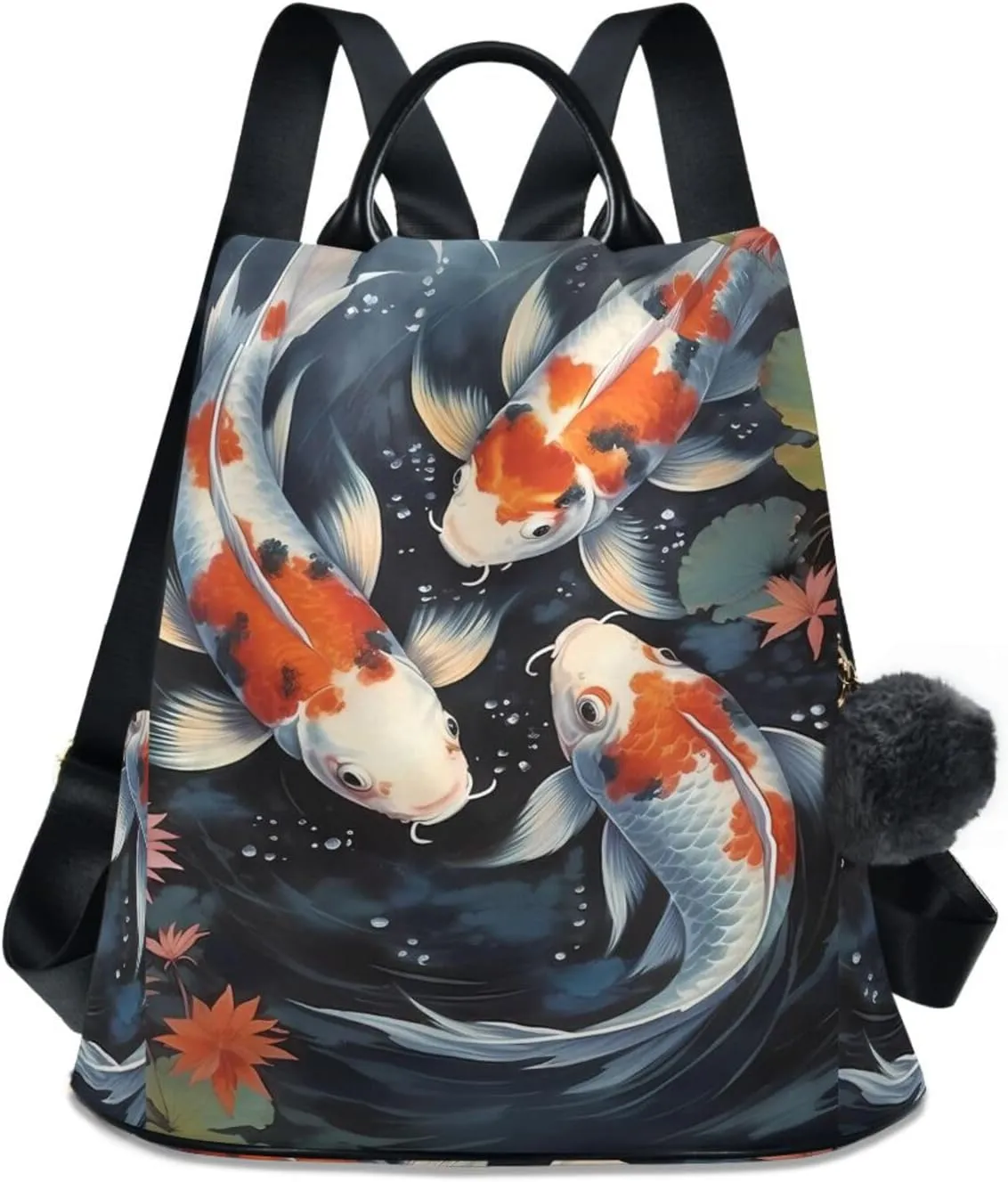 Three Carp Lotus Pond Travel Backpack Purse for Women Multipurpose Design Ladies Fashion Bag with Pompom