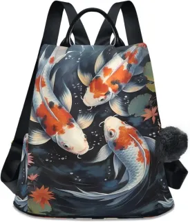 Three Carp Lotus Pond Travel Backpack Purse for Women Multipurpose Design Ladies Fashion Bag with Pompom