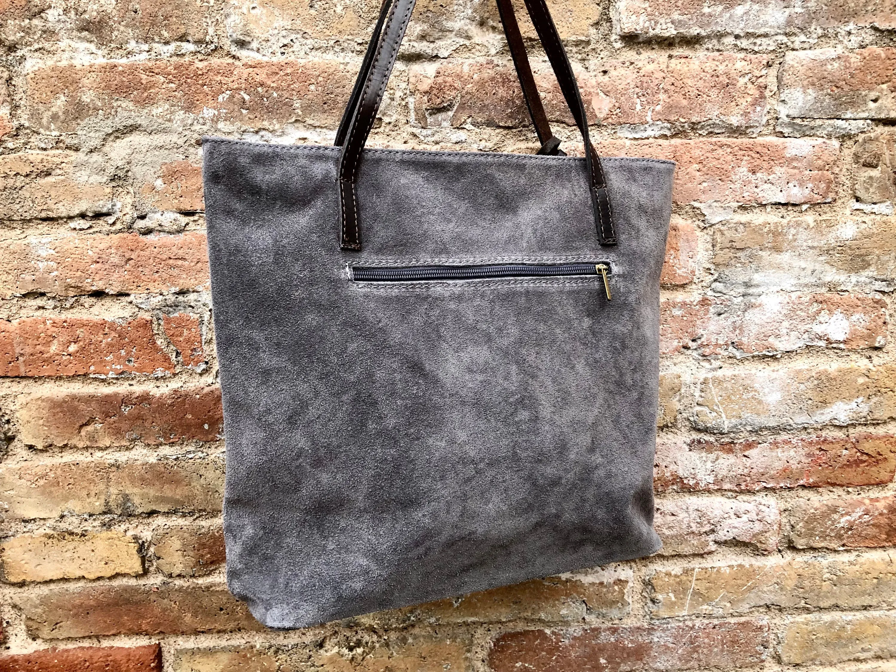 TOTE leather bag in GRAY . Genuine soft  natural suede. Grey genuine leather SHOPPER bag. Laptop bag, book or tablet bag in soft suede.