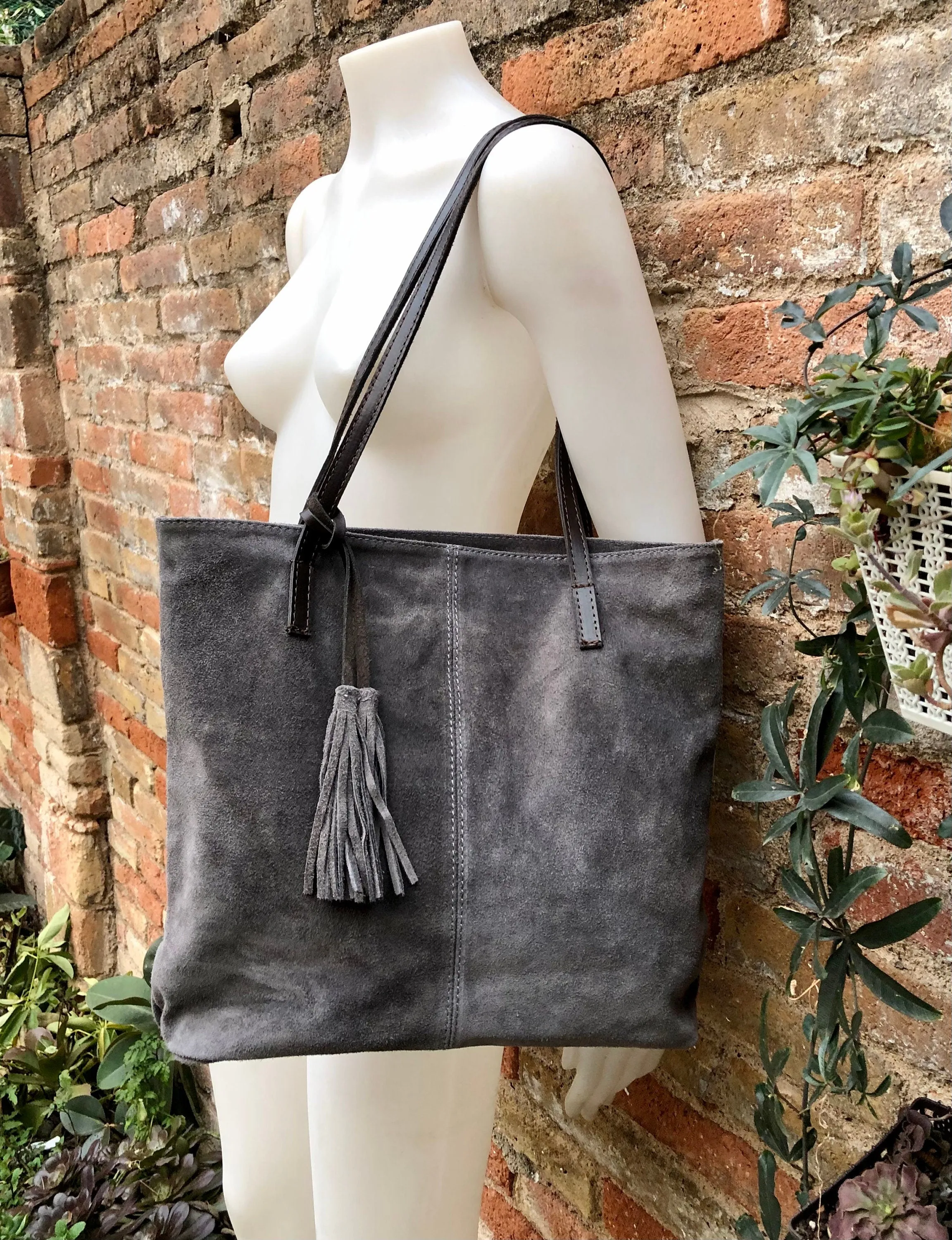TOTE leather bag in GRAY . Genuine soft  natural suede. Grey genuine leather SHOPPER bag. Laptop bag, book or tablet bag in soft suede.