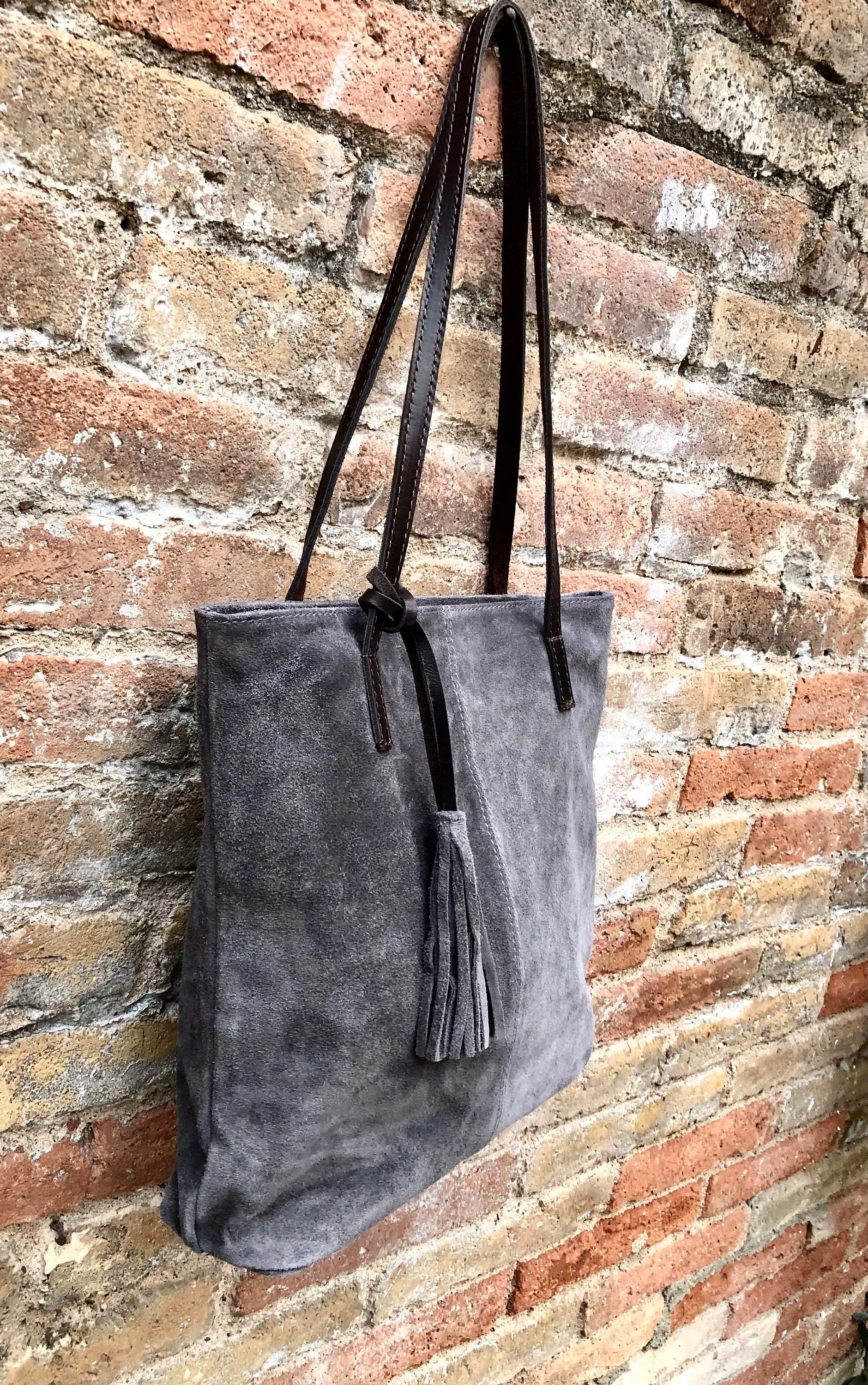 TOTE leather bag in GRAY . Genuine soft  natural suede. Grey genuine leather SHOPPER bag. Laptop bag, book or tablet bag in soft suede.
