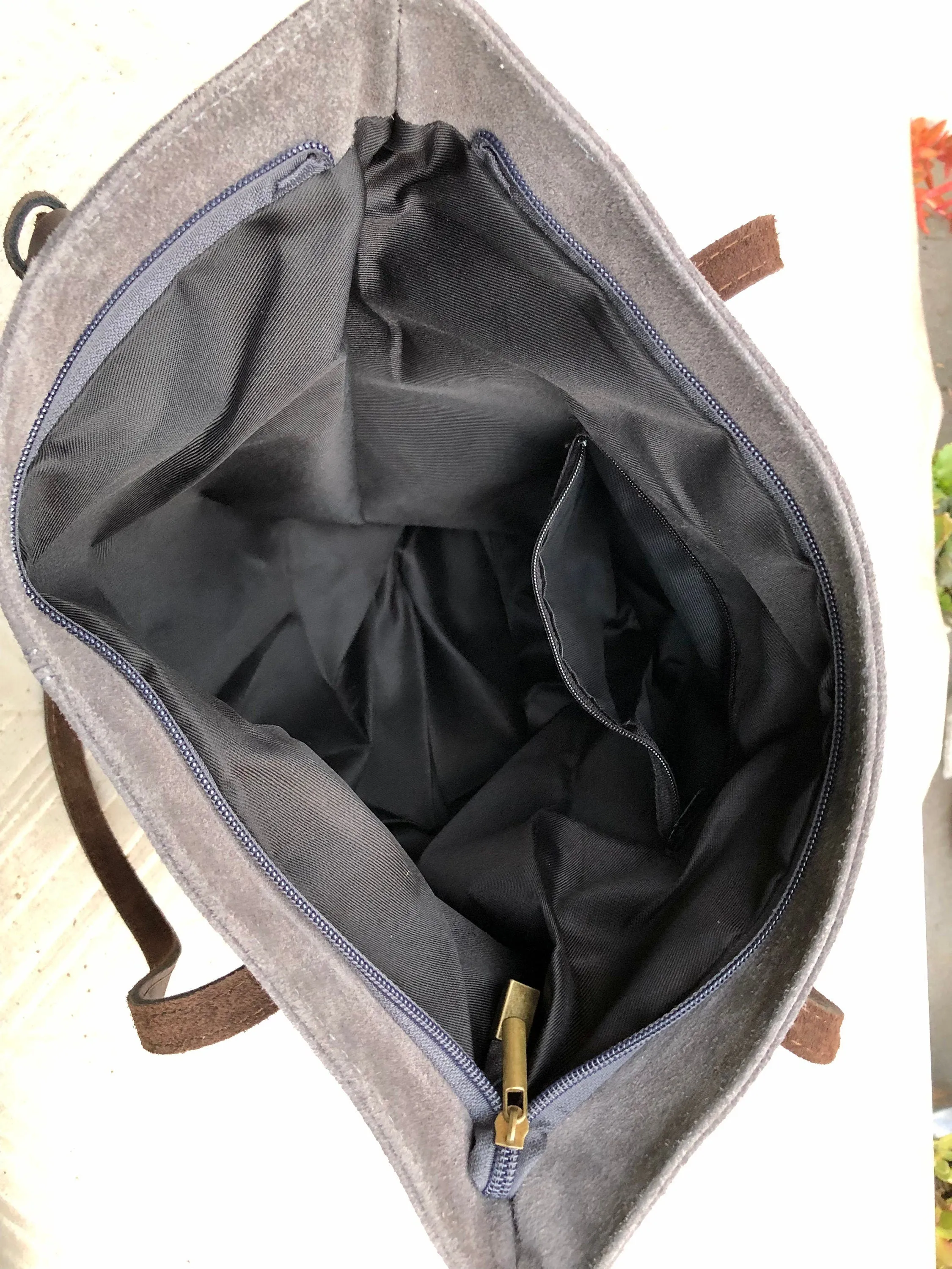 TOTE leather bag in GRAY . Genuine soft  natural suede. Grey genuine leather SHOPPER bag. Laptop bag, book or tablet bag in soft suede.