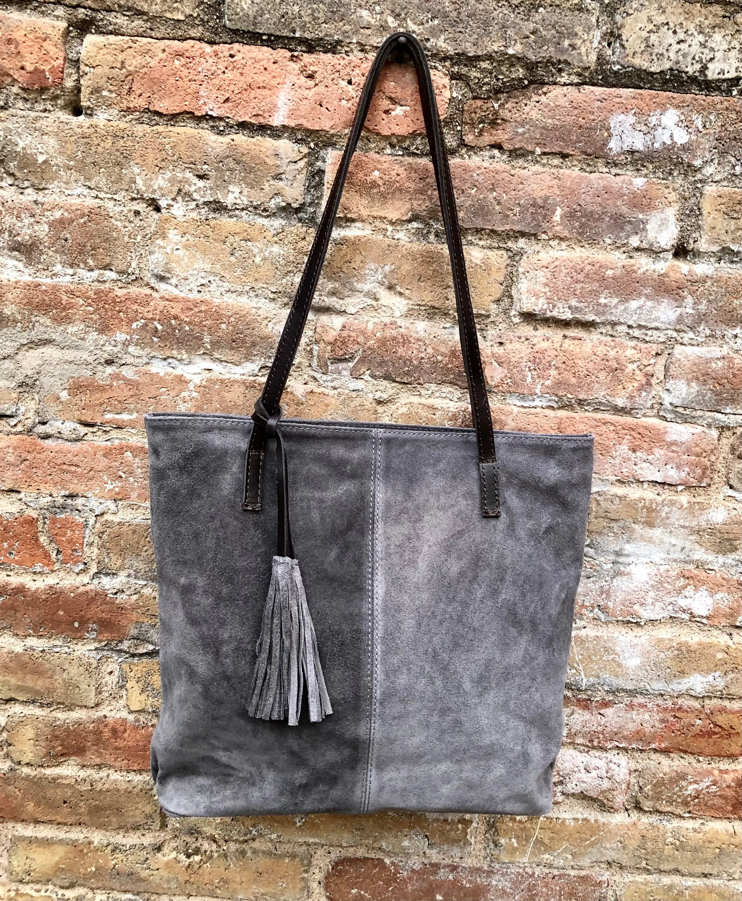 TOTE leather bag in GRAY . Genuine soft  natural suede. Grey genuine leather SHOPPER bag. Laptop bag, book or tablet bag in soft suede.