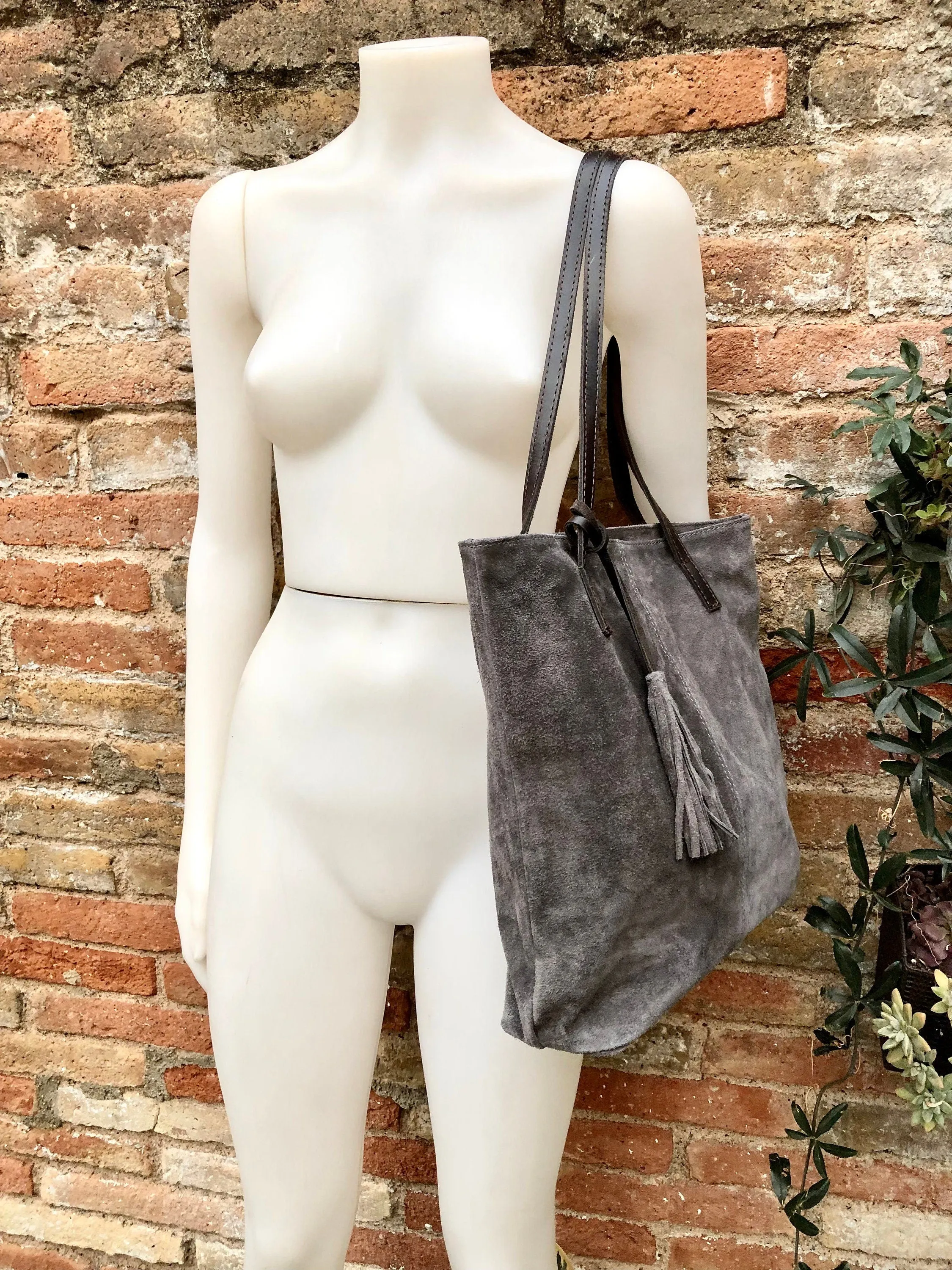 TOTE leather bag in GRAY . Genuine soft  natural suede. Grey genuine leather SHOPPER bag. Laptop bag, book or tablet bag in soft suede.