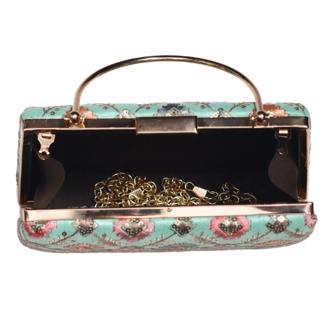 Turquoise Green Sequins Embroidery Clutch