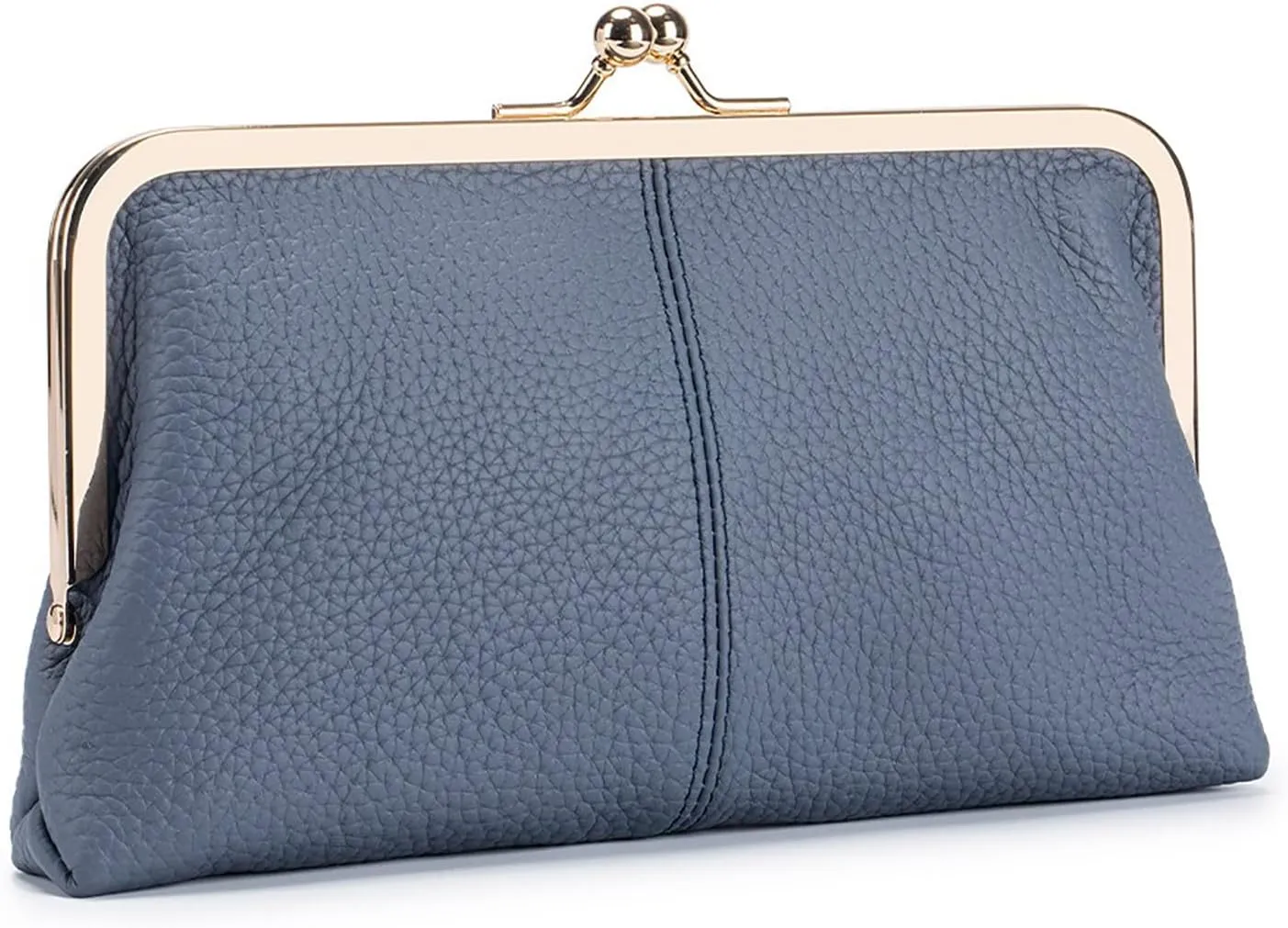 Vintage Kiss Lock Wallet for Women, Genuine Leather Multi-card Slots Card Holder Clutch Purse Travel Wallet (Blue)