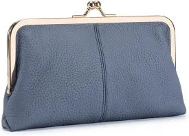 Vintage Kiss Lock Wallet for Women, Genuine Leather Multi-card Slots Card Holder Clutch Purse Travel Wallet (Blue)